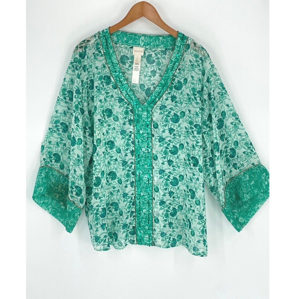 Chico's‎ Women Tunic 2 Large Green Floral Sequin Beaded Sheer Kimono Top